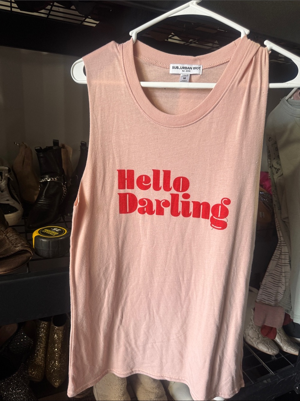 Sub_Urban Riot Pink Tank Top with Red "Hello Darling" Print
